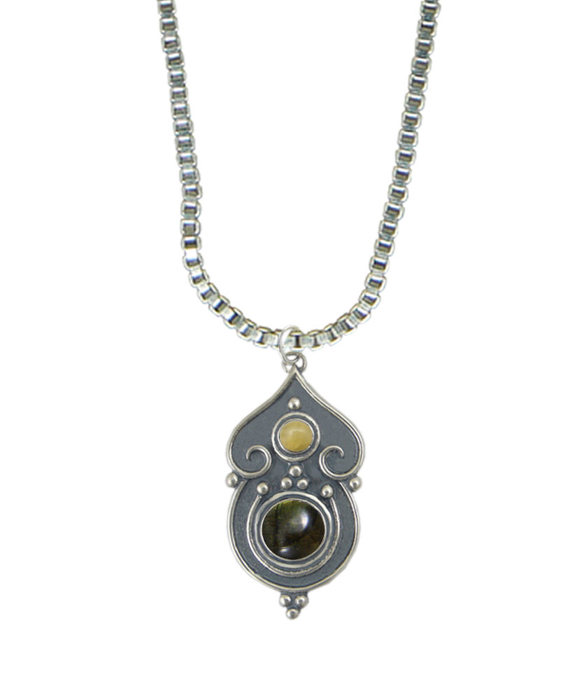 Sterling Silver Necklace Spectrolite And Yellow Aragonite